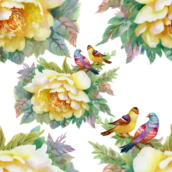 Patroon Met Mooie Gele Rozen Vogels — Stockfoto