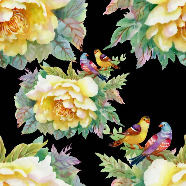 Pattern Beautiful Yellow Roses Birds — Stock Photo, Image