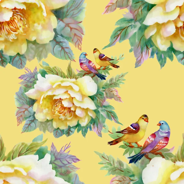 Pattern Beautiful Yellow Roses Birds — Stock Photo, Image