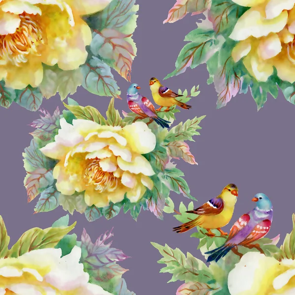 Motif Avec Belles Roses Jaunes Les Oiseaux — Photo