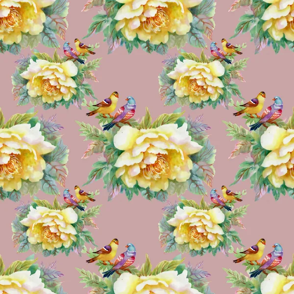 Muster Mit Schönen Gelben Rosen Und Vögeln — Stockfoto
