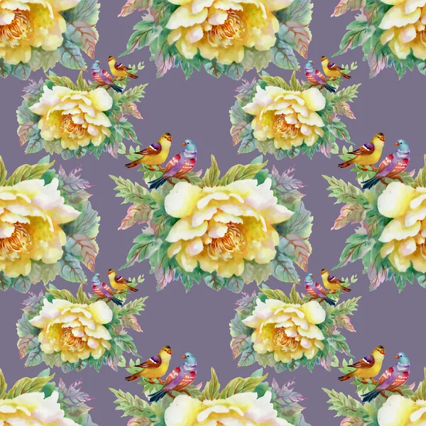 Muster Mit Schönen Gelben Rosen Und Vögeln — Stockfoto