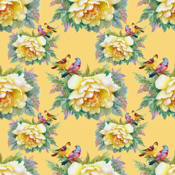 Pattern Beautiful Yellow Roses Birds — Stock Photo, Image