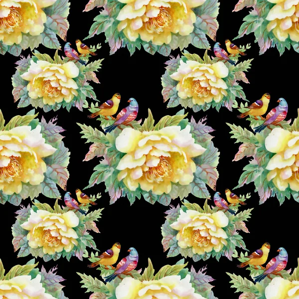 美しい黄色いバラの花と鳥のパターン — ストック写真