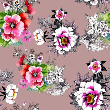 Güzel güller ve çiçekler arka plan ile sulu boya Dikişsiz desen