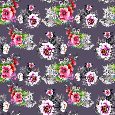 Güzel güller ve çiçekler arka plan ile sulu boya Dikişsiz desen