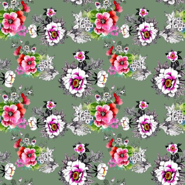 Güzel güller ve çiçekler arka plan ile sulu boya Dikişsiz desen