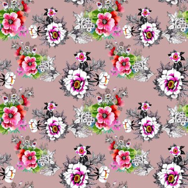 Güzel güller ve çiçekler arka plan ile sulu boya Dikişsiz desen