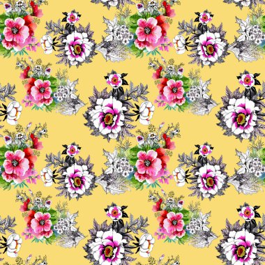 Güzel güller ve çiçekler arka plan ile sulu boya Dikişsiz desen