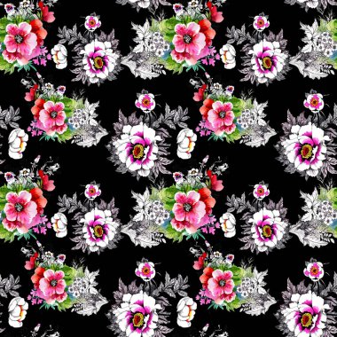 Güzel güller ve çiçekler arka plan ile sulu boya Dikişsiz desen