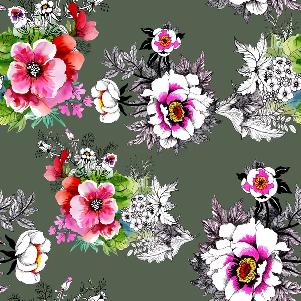 Patrón Sin Costuras Acuarela Con Hermosas Rosas Flores Silvestres Fondo —  Fotos de Stock