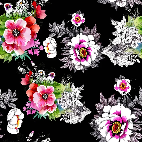 Watercolor Seamless Pattern Beautiful Roses Wildflowers Background — Stock Photo, Image