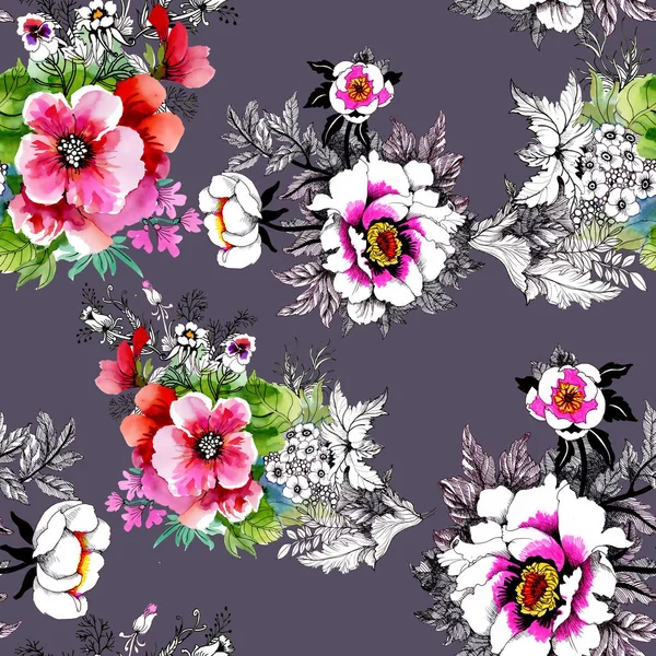 Akvarell Sömlösa Mönster Med Vackra Rosor Och Blommor Bakgrund — Stockfoto