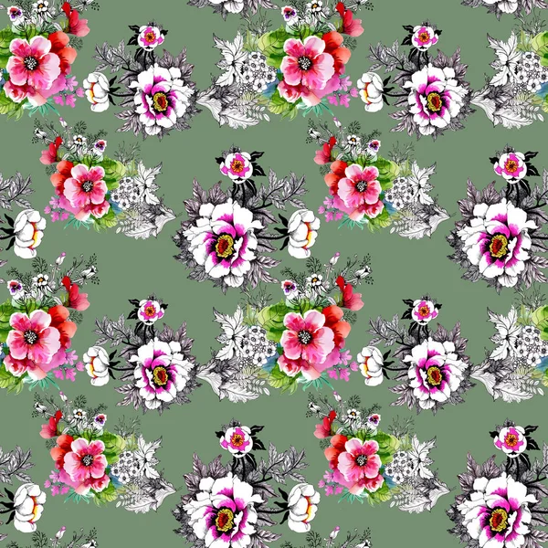 Watercolor Seamless Pattern Beautiful Roses Wildflowers Background — Stock Photo, Image