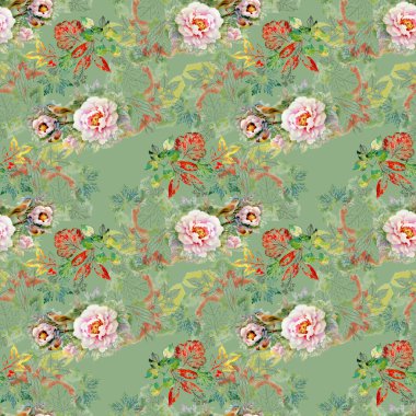 Arka plan suluboya seamless modeli güzel gül ve sonbahar yaprakları