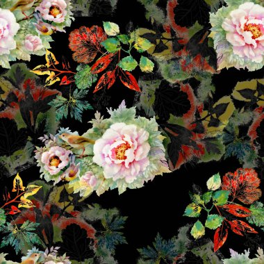 Arka plan suluboya seamless modeli güzel gül ve sonbahar yaprakları