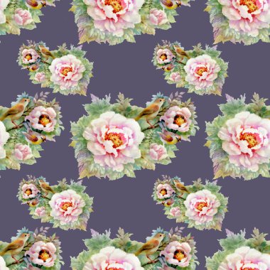 Güzel güller ve kuşlar arka plan ile sulu boya Dikişsiz desen