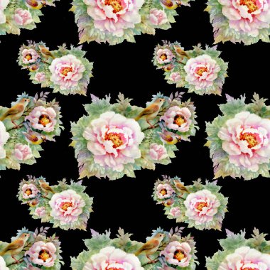 Güzel güller ve kuşlar arka plan ile sulu boya Dikişsiz desen