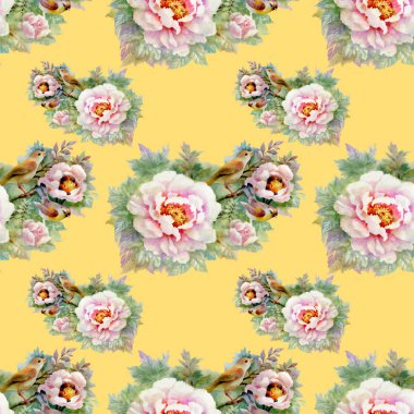 Güzel güller ve kuşlar arka plan ile sulu boya Dikişsiz desen