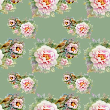 Güzel güller ve kuşlar arka plan ile sulu boya Dikişsiz desen