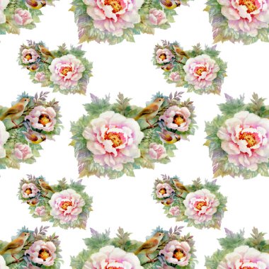 Güzel güller ve kuşlar arka plan ile sulu boya Dikişsiz desen