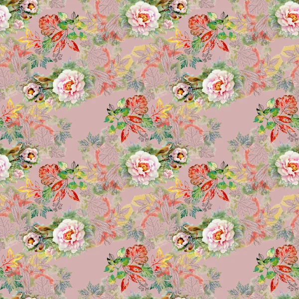 Watercolor Seamless Pattern Beautiful Roses Autumn Leaves Background — Stock Photo, Image