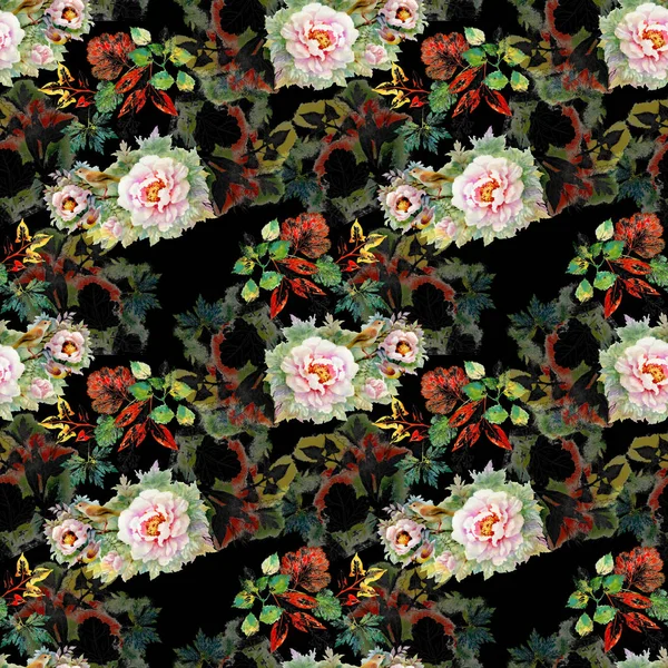 Watercolor Seamless Pattern Beautiful Roses Autumn Leaves Background — Stock Photo, Image