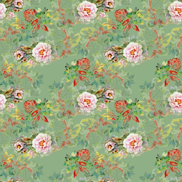 Watercolor Seamless Pattern Beautiful Roses Autumn Leaves Background — Stock Photo, Image