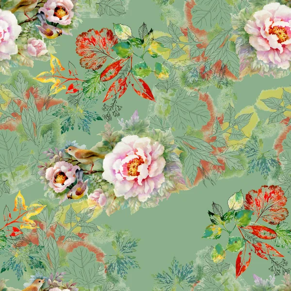 Aquarell Nahtloses Muster Mit Schönen Rosen Und Herbstblättern Hintergrund — Stockfoto