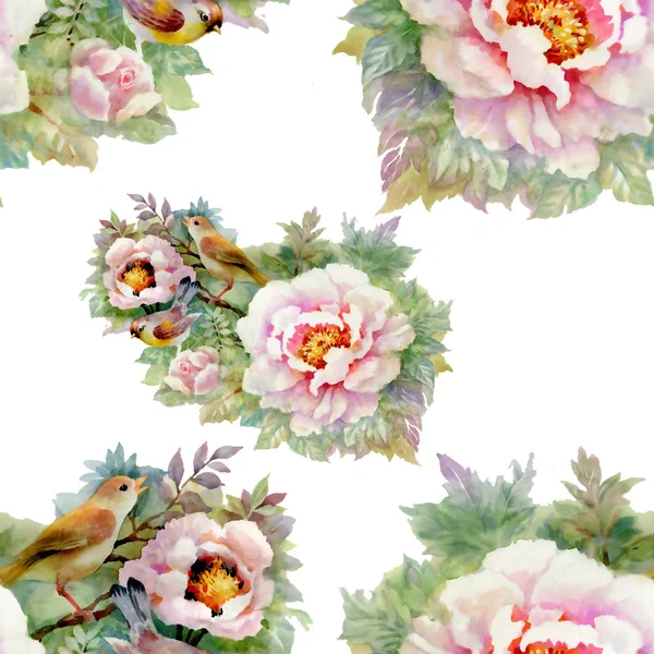 Watercolor Seamless Pattern Beautiful Roses Birds Background — Stock Photo, Image