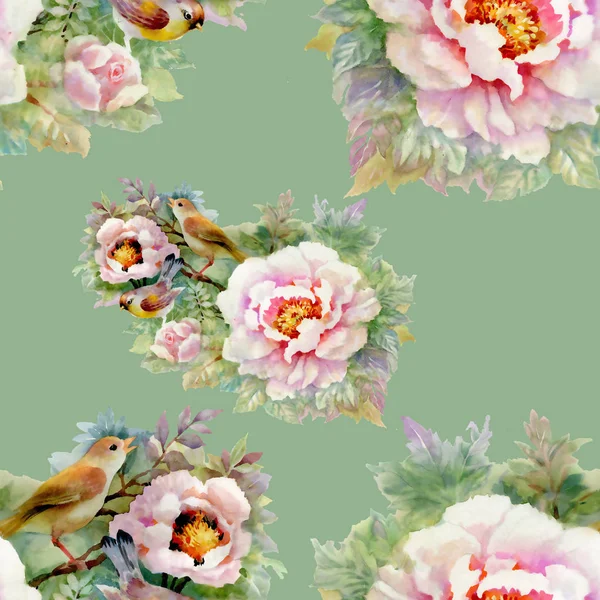 Akvarelu Vzor Bezešvé Krásnou Růží Ptáci Pozadím — Stock fotografie
