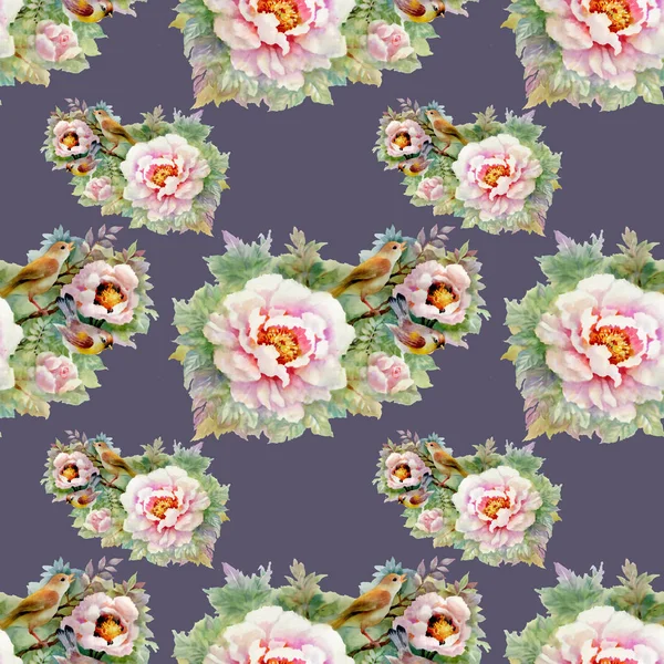 Güzel güller ve kuşlar arka plan ile sulu boya Dikişsiz desen