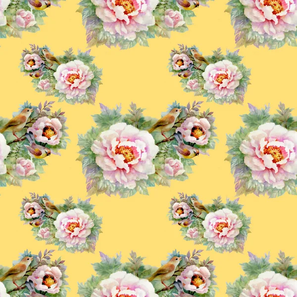 Aquarell Nahtloses Muster Mit Schönen Rosen Und Vögeln Hintergrund — Stockfoto