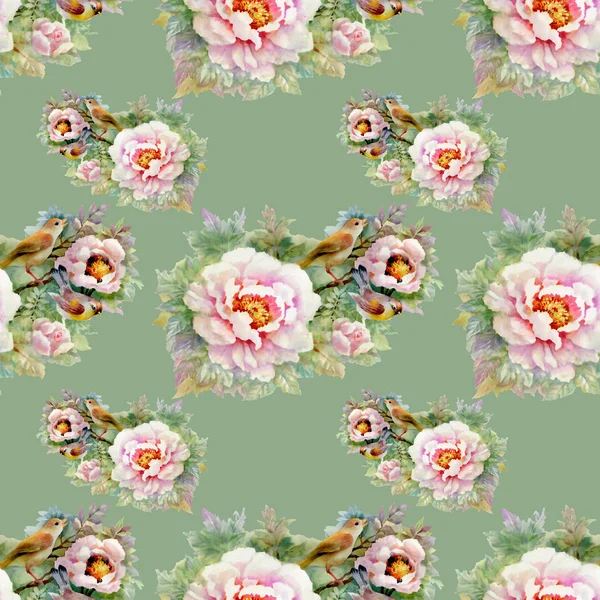 Aquarelle Motif Sans Couture Avec Belles Roses Oiseaux Fond — Photo