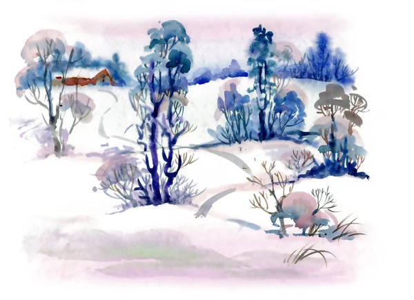 Акварель Зимовий Пейзаж Ілюстрація — стокове фото