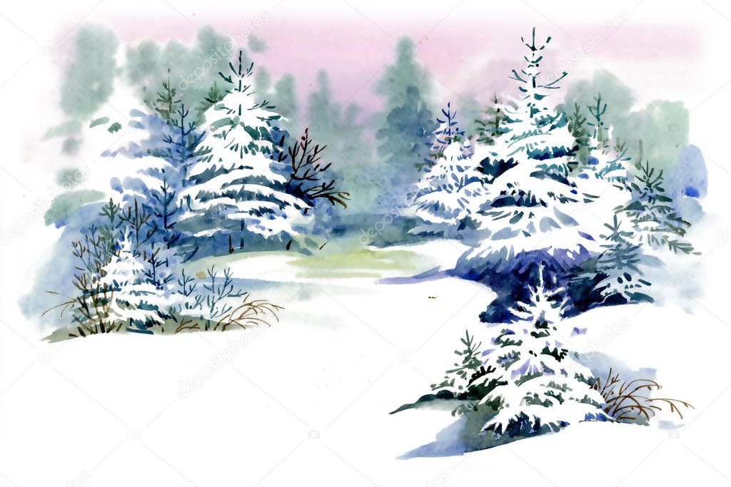 Watercolor winter landscape illustration