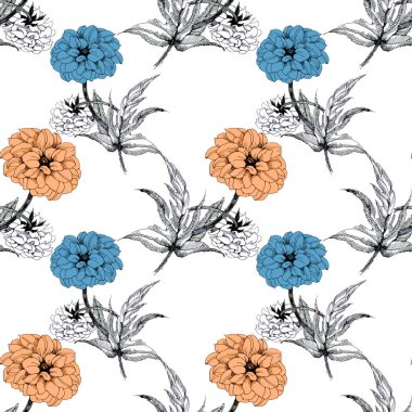 Sulu boya turuncu ve mavi çiçekli çiçekli seamless modeli