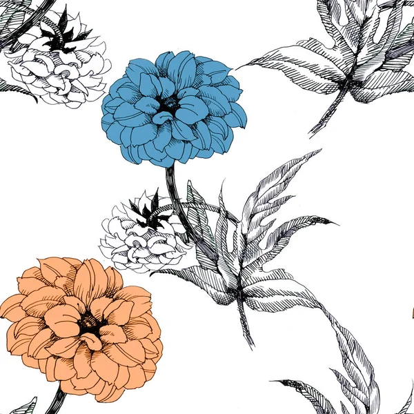 水彩のオレンジと青の花を持つシームレス花柄 — ストック写真