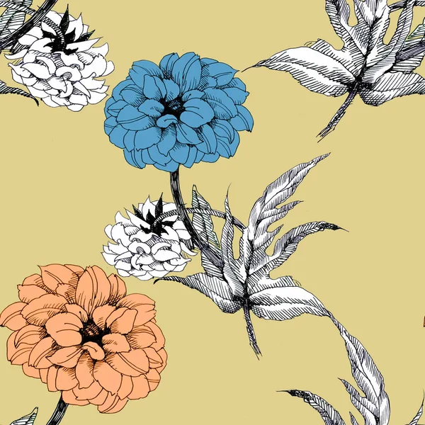 Квітковий Безшовний Візерунок Акварельними Помаранчевими Синіми Квітами — стокове фото