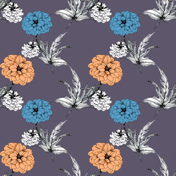 Kwiatowy Wzór Akwarela Pomarańczowy Niebieski Kwiaty — Zdjęcie stockowe