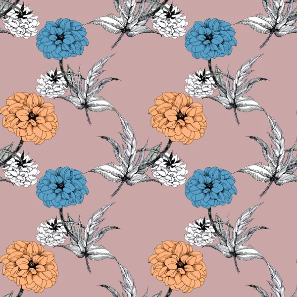 Naadloze Bloemmotief Met Aquarel Oranje Blauwe Bloemen — Stockfoto