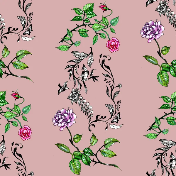 Watercolor Pink Purple Roses Leaves Seamless Pattern — Stock Photo, Image