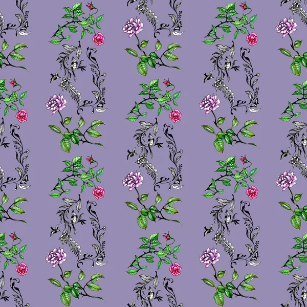Aquarell Rosa Und Lila Rosen Und Blätter Mit Nahtlosem Muster — Stockfoto