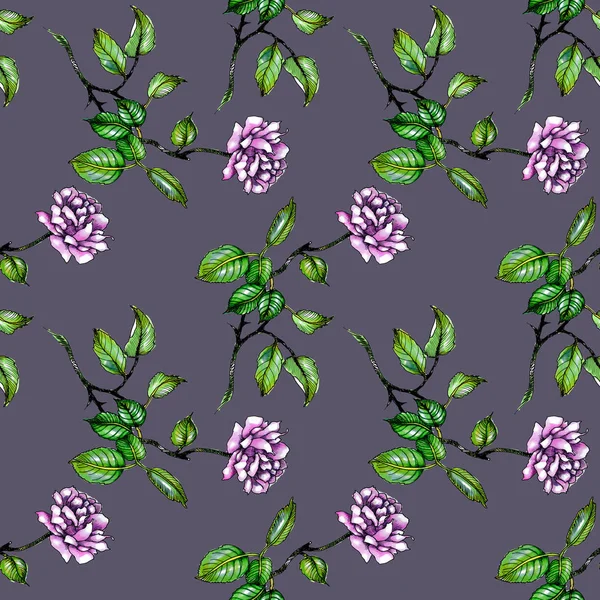Watercolor purple roses and leaves seamless pattern