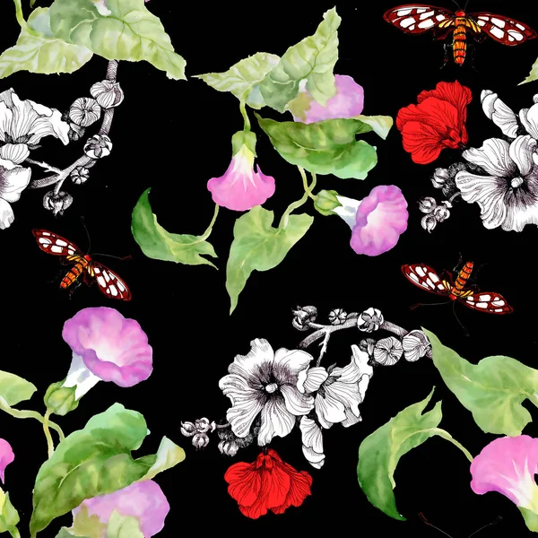 Barevné Bezešvé Vzor Motýly Květy Létě — Stock fotografie