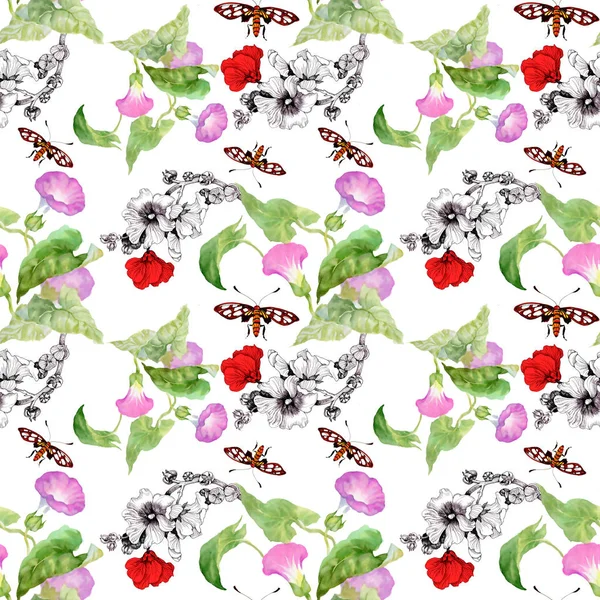 Buntes Nahtloses Muster Mit Schmetterlingen Und Sommerblumen — Stockfoto