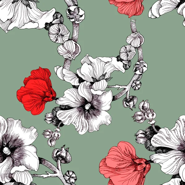 Akvarell Mönster Med Vacker Röd Vita Blommor — Stockfoto