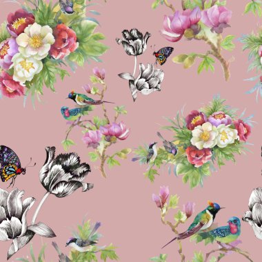 Sulu boya çiçekler ve kuşlar kelebekler, seamless modeli ile