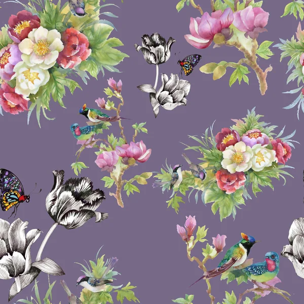 Aquarell Blumen Und Vögel Mit Schmetterlingen Nahtloses Muster — Stockfoto