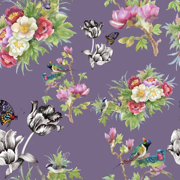 Fleurs Aquarelle Oiseaux Avec Des Papillons Motif Sans Couture — Photo